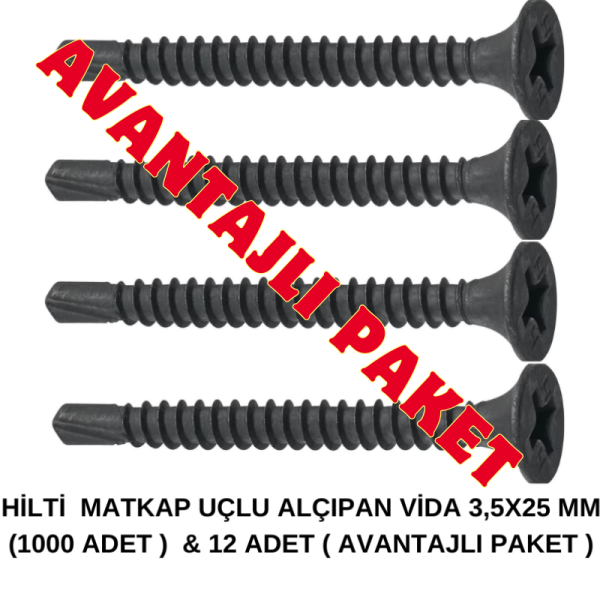 HİLTİ  MATKAP UÇLU ALÇIPAN VİDA 3,5X25 MM (1000 ADET )  & 12 ADET ( AVANTAJLI PAKET )