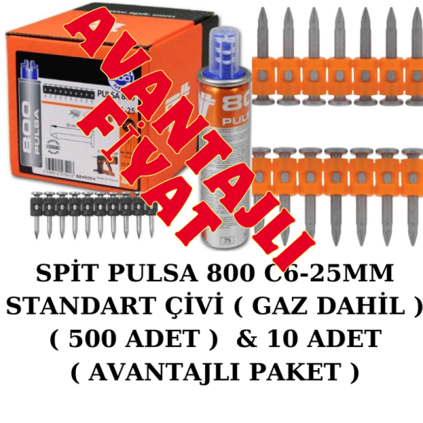 SPİT PULSA 800 C6-25MM STANDART ÇİVİ ( GAZ DAHİL ) ( 500 ADET )  & 10 ADET  ( AVANTAJLI PAKET )